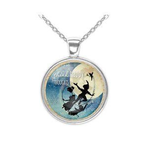 Think Happy Thoughts Peter Pan Silver Glass Pendant Necklace New 20 Inch